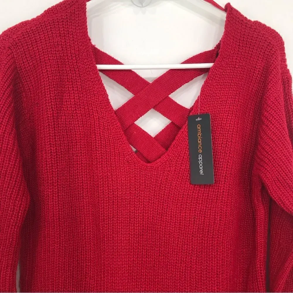 Ambiance Apparel Red Criss Cross Back Tunic Sweater NEW